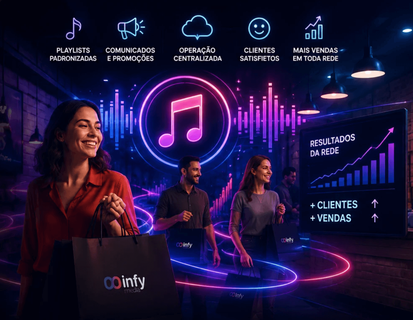 Clientes em ambiente de compras com rádio indoor centralizada